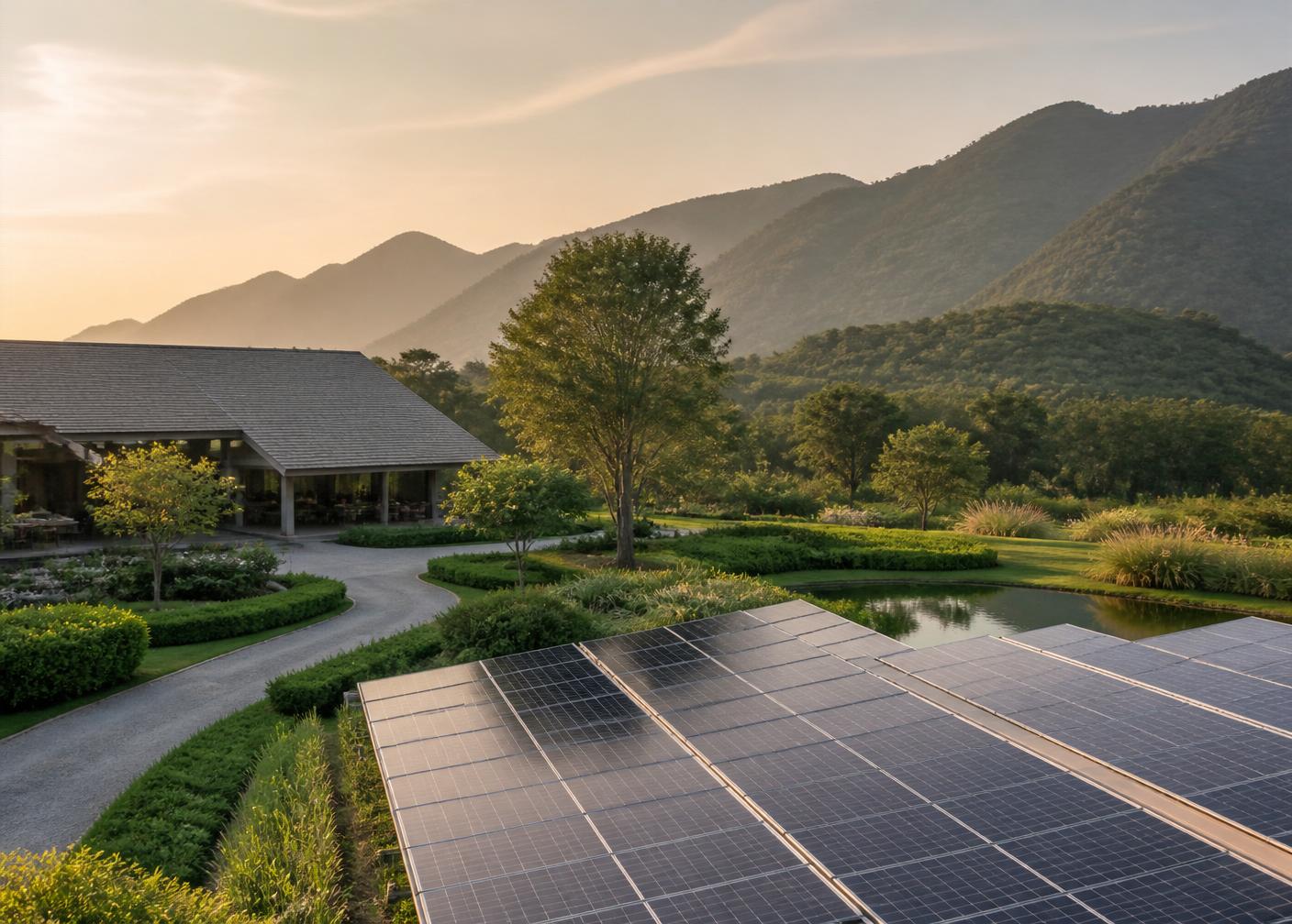 Solar array within the estate gardens at sunset